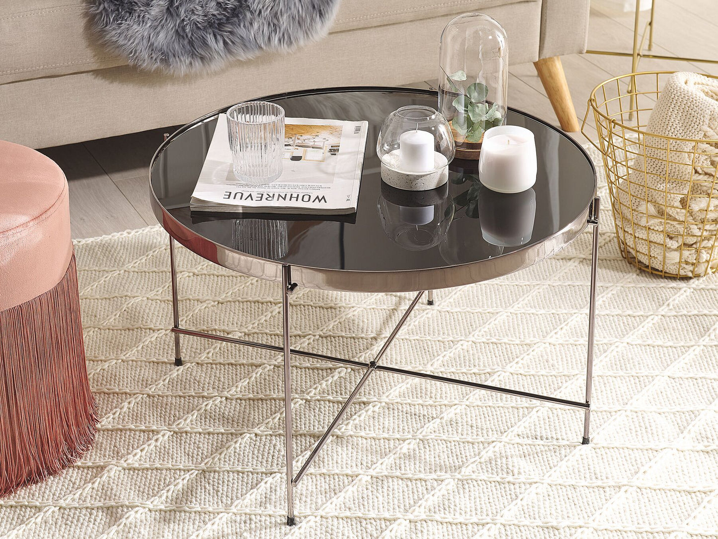 Stolik Kawowy 63 cm do Salonu w Eleganckim Wydaniu: Kolor Srebrny - Szkło Hartowane